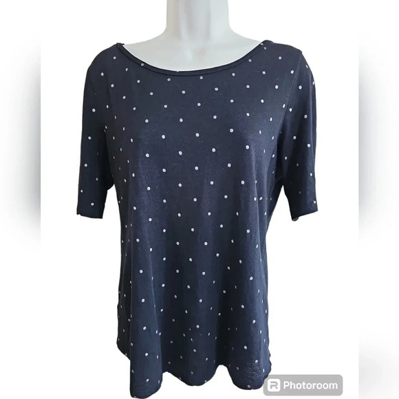 Ann Taylor LOFT M Black Short Sleeve Polka Dot Stretch Tee Classic Shirt - Picture 2 of 7